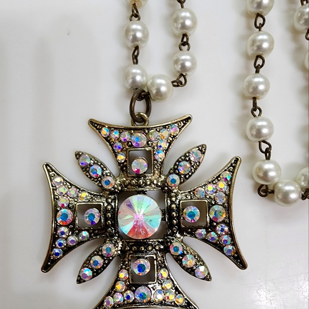 Vintage Cross Pendant Necklace with Pearl Chain